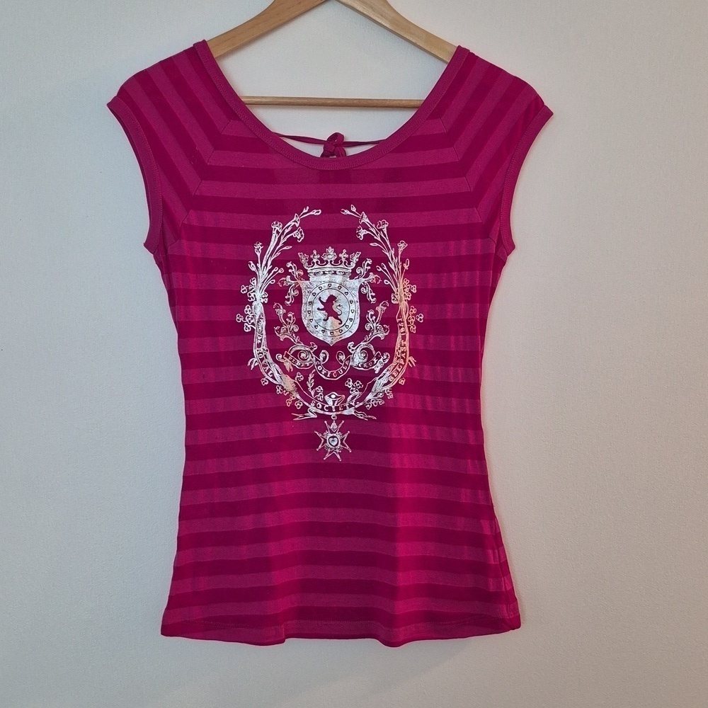Express Y2K Going Out Top V Back Tie Metalic Rhinestone Embellished Fushia